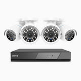 AK200 - Kit de 4 cámaras de vigilancia 1080p con grabador de 4 canales, DVR inteligente con detección de humanos y vehículos, visión nocturna por infrarrojos de 20 metros, señal de salida 4-en-1, IP66