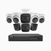 EL200 - Kit de 4 cámara bullet y 4 cámara domo y de vigilancia 1080p con grabador de 16 canales, DVR inteligente con detección de humanos y vehículos, visión nocturna por infrarrojos de 20 metros, señal de salida 4-en-1, IP67