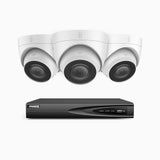 H500 - Kit de 3 cámaras de vigilancia PoE de 3K con videograbador NVR de 4 canales, EXIR Visión Nocturna, micrófono integrado, compatibile con Alexa