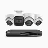 H800 - Kit de vigilancia PoE 4K con 1 cámara bullet y 3 cámara domo y videograbador NVR de 4 canales, Visión nocturna a color e infrarrojos, detección de humanos y vehículos, micrófono integrado, ángulo de visión 96º