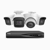 H800 - Kit de vigilancia PoE 4K con 3 cámara bullet y 1 cámara domo y videograbador NVR de 4 canales, Visión nocturna a color e infrarrojos, detección de humanos y vehículos, micrófono integrado, ángulo de visión 96º