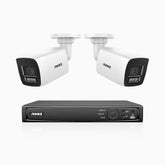 H800 - Kit de 2 cámaras de vigilancia PoE de 4K con videograbador NVR de 4 canales, Visión nocturna a color e infrarrojos, detección de humanos y vehículos, micrófono integrado, ángulo de visión 96º