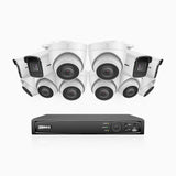 H800 - Kit de vigilancia PoE 4K con 4 cámaras bullet y 8 cámaras domo y videograbador NVR de 16 canales, Visión nocturna a color e infrarrojos, detección de humanos y vehículos, micrófono integrado, ángulo de visión 96º