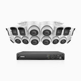 H800 - Kit de vigilancia PoE 4K con 6 cámaras bullet y 10 cámaras domo y videograbador NVR de 16 canales, Visión nocturna a color e infrarrojos, detección de humanos y vehículos, micrófono integrado, ángulo de visión 96º
