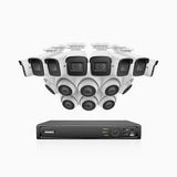 H800 - Kit de vigilancia PoE 4K con 8 cámaras bullet y 8 cámaras domo y videograbador NVR de 16 canales, Visión nocturna a color e infrarrojos, detección de humanos y vehículos, micrófono integrado, ángulo de visión 96º