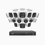 H800 - Kit de vigilancia PoE 4K con 12 cámaras bullet y 4 cámaras domo y videograbador NVR de 16 canales, Visión nocturna a color e infrarrojos, detección de humanos y vehículos, micrófono integrado, ángulo de visión 96º