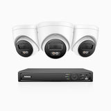 H800 - Kit de 3 cámaras de vigilancia PoE de 4K con videograbador NVR de 8 canales, Visión nocturna a color e infrarrojos, detección de humanos y vehículos, micrófono integrado, ángulo de visión 96º