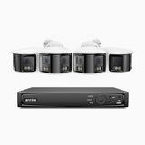 FDH800 - Kit de 4 cámaras de vigilancia PoE de 4K con videograbador NVR de 8 canales, panorámica doble lente, visión nocturna inteligente con doble luz, audio bidireccional, sirena y alarma activas, detección de personas y vehículos, IP67