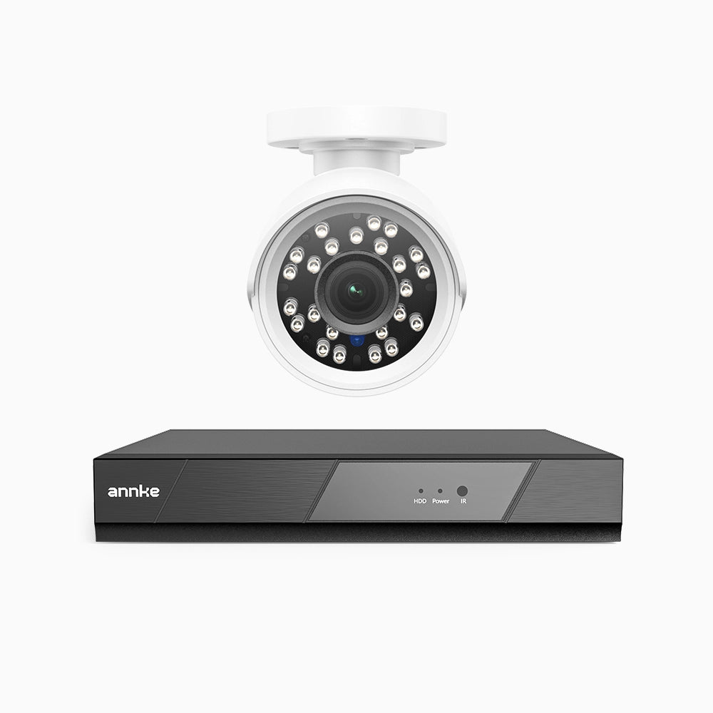 AK200 - Kit de 1 cámaras de vigilancia 1080p con grabador de 4 canales, DVR inteligente con detección de humanos y vehículos, visión nocturna por infrarrojos de 20 metros, señal de salida 4-en-1, IP66