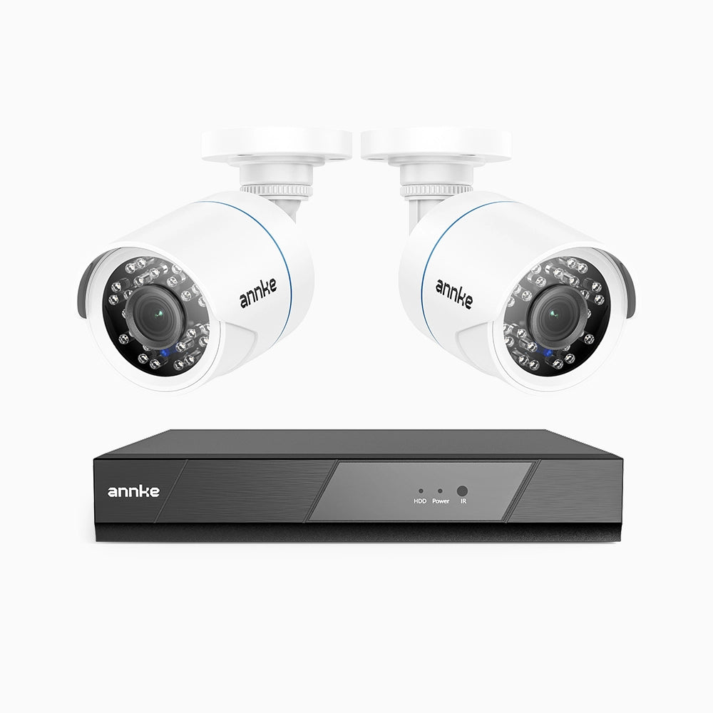 AK200 - Kit de 2 cámaras de vigilancia 1080p con grabador de 4 canales, DVR inteligente con detección de humanos y vehículos, visión nocturna por infrarrojos de 20 metros, señal de salida 4-en-1, IP66