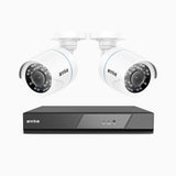 AK200 - Kit de 2 cámaras de vigilancia 1080p con grabador de 4 canales, DVR inteligente con detección de humanos y vehículos, visión nocturna por infrarrojos de 20 metros, señal de salida 4-en-1, IP66