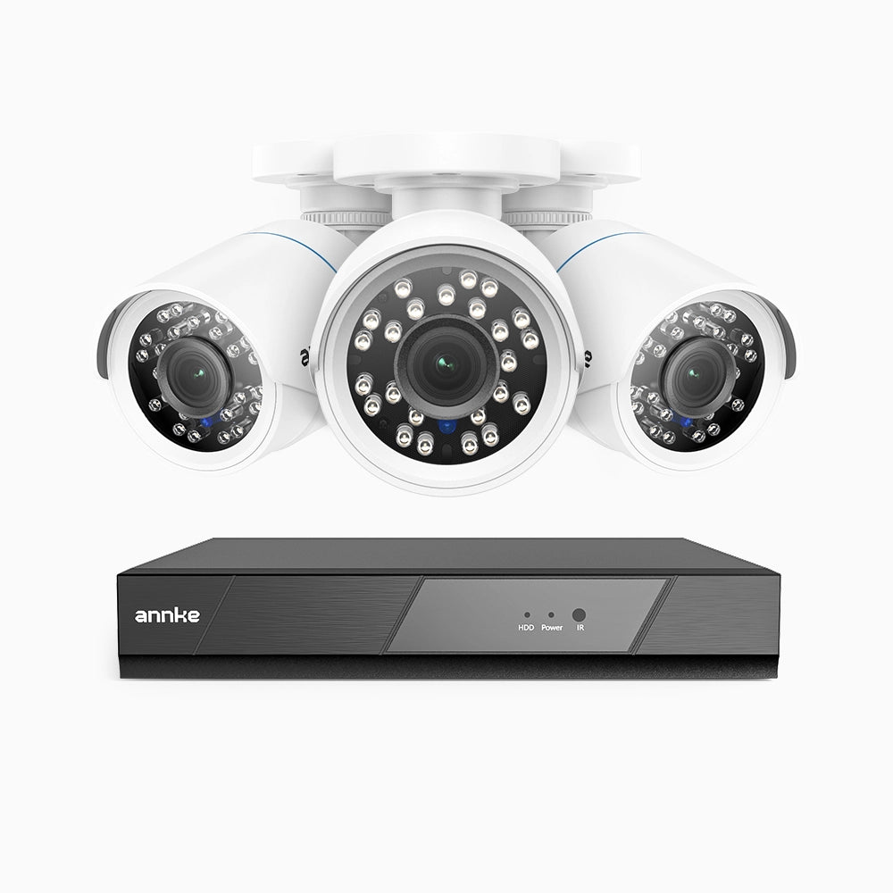 AK200 - Kit de 3 cámaras de vigilancia 1080p con grabador de 4 canales, DVR inteligente con detección de humanos y vehículos, visión nocturna por infrarrojos de 20 metros, señal de salida 4-en-1, IP66