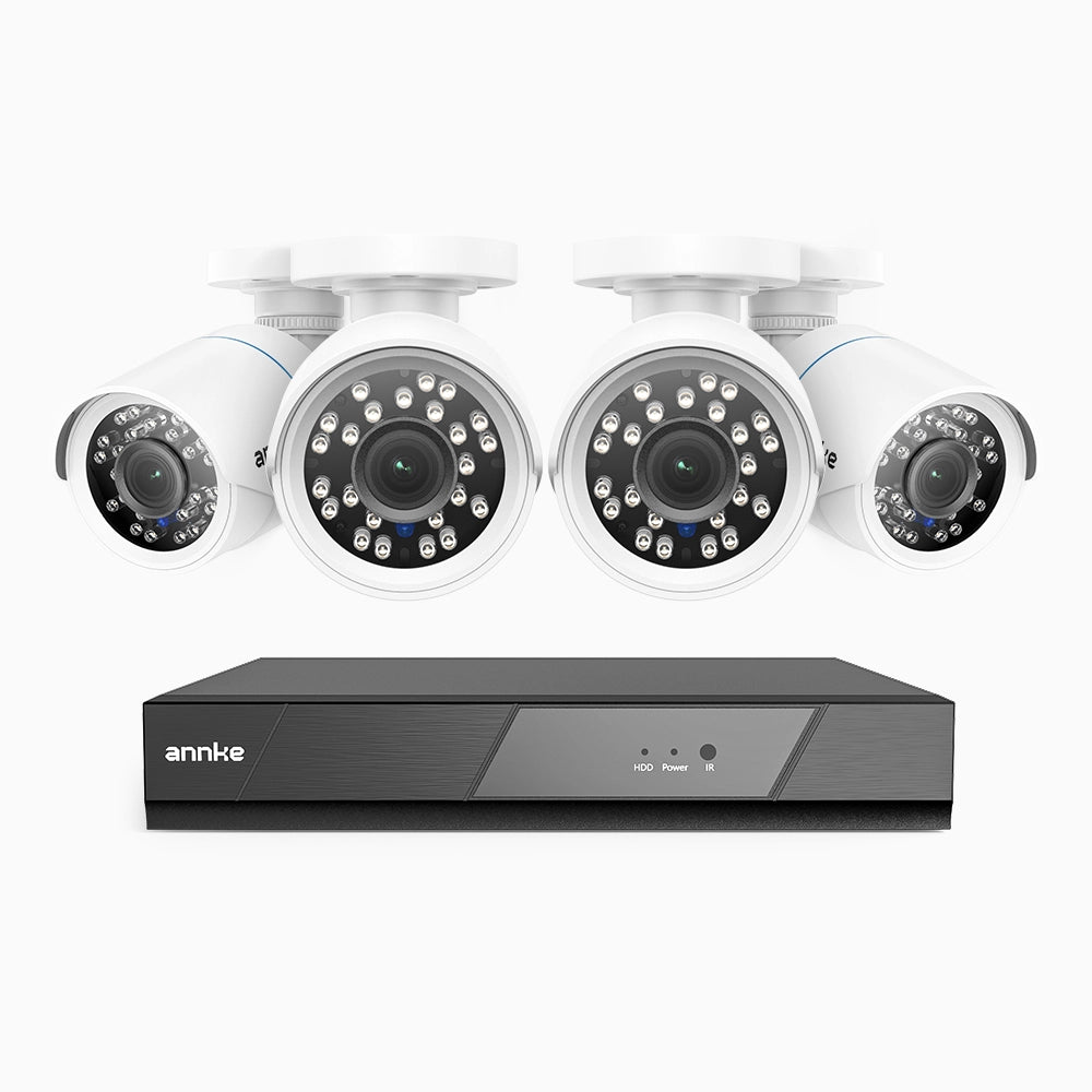 AK200 - Kit de 4 cámaras de vigilancia 1080p con grabador de 4 canales, DVR inteligente con detección de humanos y vehículos, visión nocturna por infrarrojos de 20 metros, señal de salida 4-en-1, IP66