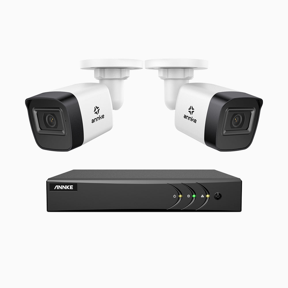 EL200 - Kit de 2 cámaras de vigilancia 1080p con grabador de 4 canales, DVR inteligente con detección de humanos y vehículos, visión nocturna por infrarrojos de 20 metros, señal de salida 4-en-1, IP67