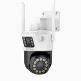 WCD600 - Cámara de Seguridad WiFi Inalámbrica Exterior 6MP UHD de Doble Lente, Luces Estroboscópicas Rojas y Azules con Sirena, Visión Nocturna Inteligente de Luz Dual, Audio Bidireccional, Giro de 300° e Inclinación de 90°, Compatible con Alexa