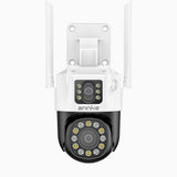 WCD600 - Cámara de Seguridad WiFi Inalámbrica Exterior 6MP UHD de Doble Lente, Luces Estroboscópicas Rojas y Azules con Sirena, Visión Nocturna Inteligente de Luz Dual, Audio Bidireccional, Giro de 300° e Inclinación de 90°, Compatible con Alexa