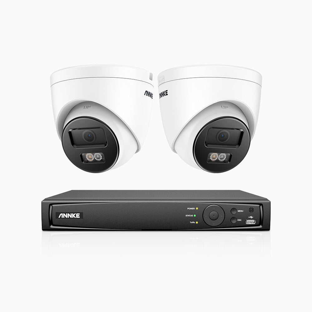 H800 - Kit de 2 cámaras de vigilancia PoE de 4K con videograbador NVR de 4 canales, Visión nocturna a color e infrarrojos, detección de humanos y vehículos, micrófono integrado, ángulo de visión 96º