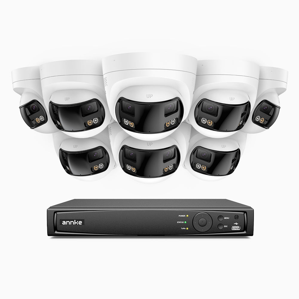 FDH600 - Kit de 8 cámaras de vigilancia PoE de 6MP con videograbador NVR de 16 canales, panorámica doble lente, Visión Nocturna con Doble Luz, Audio Bidireccional, Sirena y Alarma Activas, Detección de Personas y Vehículos, IP67