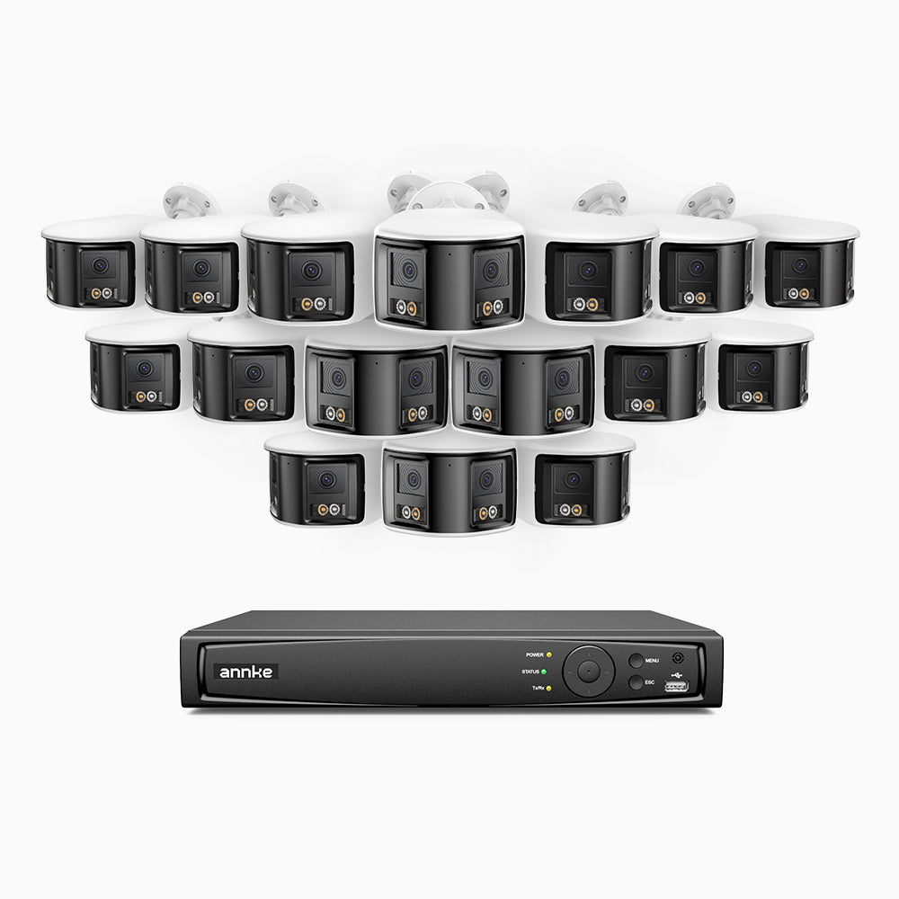 FDH600 - Kit de 16 cámaras de vigilancia PoE de 6MP con videograbador NVR de 16 canales, panorámica doble lente, Visión Nocturna con Doble Luz, Audio Bidireccional, Sirena y Alarma Activas, Detección de Personas y Vehículos, IP67
