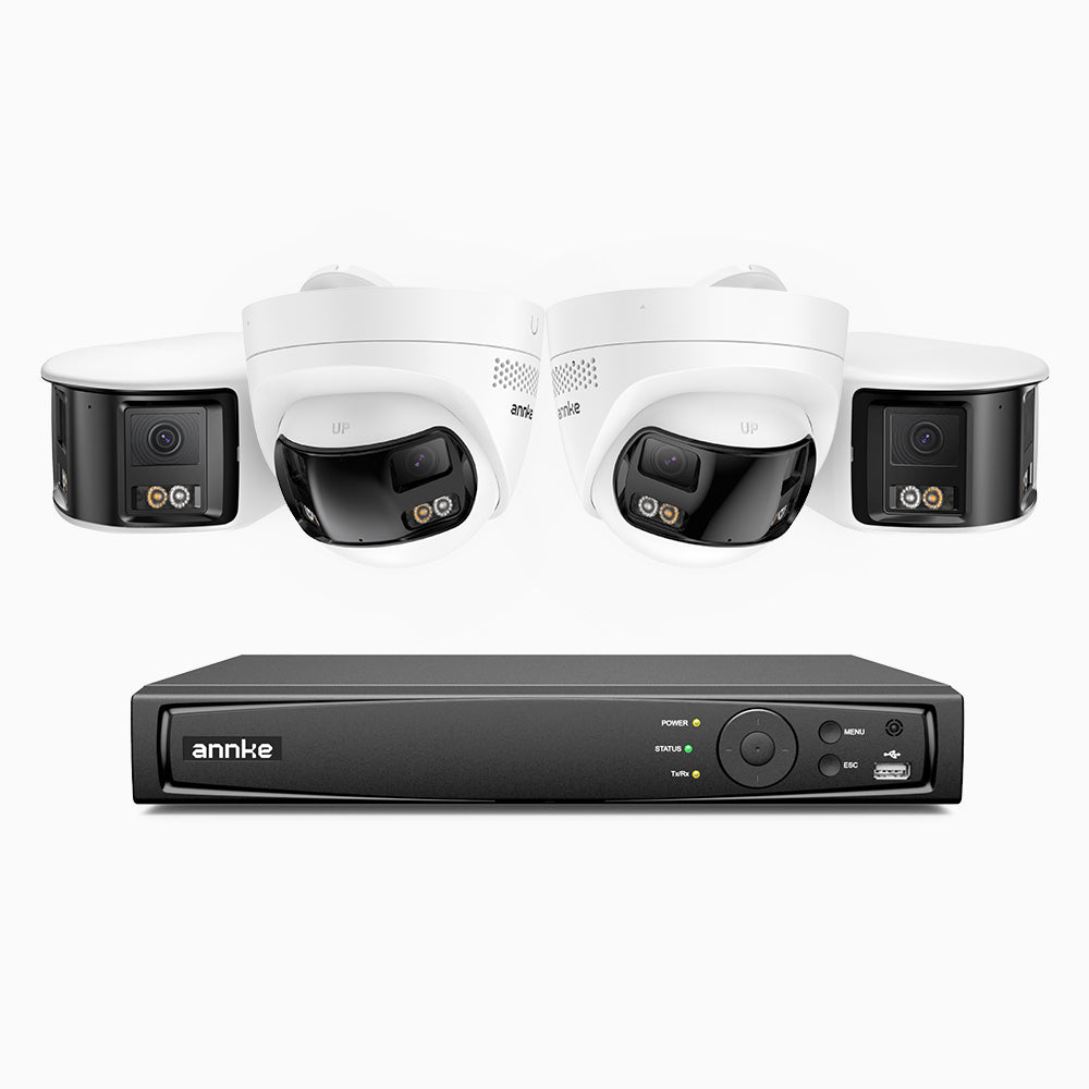 FDH600 - Kit de vigilancia PoE con 2 X 6MP cámara bullet y 2 cámaras domo y videograbador NVR de 8 canales, panorámica doble lente, Visión Nocturna con Doble Luz, Audio Bidireccional, Sirena y Alarma Activas, Detección de Personas y Vehículos, IP67