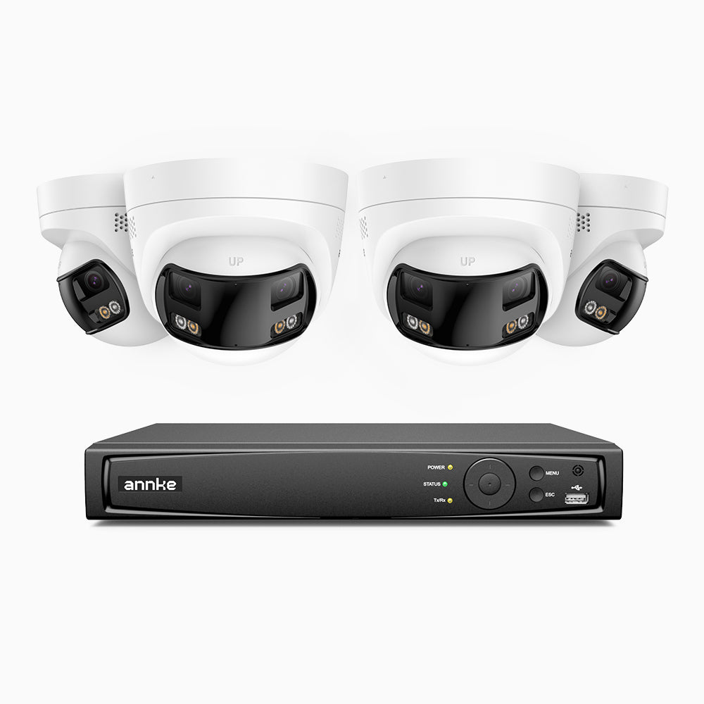 FDH800 - Kit de 4 cámaras de vigilancia PoE de 4K con videograbador NVR de 8 canales, panorámica doble lente, visión nocturna inteligente con doble luz, audio bidireccional, sirena y alarma activas, detección de personas y vehículos, IP67