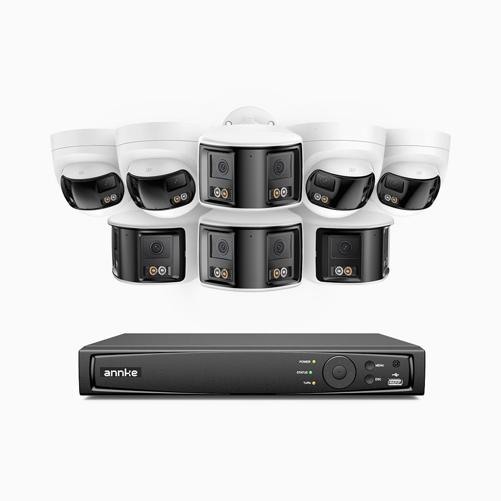 FDH600 - Kit de vigilancia PoE con 4 X 6MP cámara bullet y 4 cámaras domo y videograbador NVR de 16 canales, panorámica doble lente, Visión Nocturna con Doble Luz, Audio Bidireccional, Sirena y Alarma Activas, Detección de Personas y Vehículos, IP67