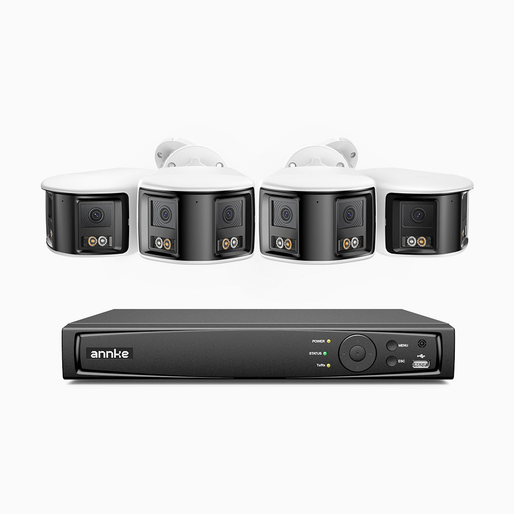 FDH800 - Kit de 4 cámaras de vigilancia PoE de 4K con videograbador NVR de 8 canales, panorámica doble lente, visión nocturna inteligente con doble luz, audio bidireccional, sirena y alarma activas, detección de personas y vehículos, IP67