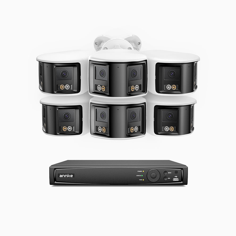 FDH600 - Kit de 6 cámaras de vigilancia PoE de 6MP con videograbador NVR de 8 canales, panorámica doble lente, Visión Nocturna con Doble Luz, Audio Bidireccional, Sirena y Alarma Activas, Detección de Personas y Vehículos, IP67