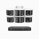 FDH800 - Kit de 6 cámaras de vigilancia PoE de 4K con videograbador NVR de 8 canales, panorámica doble lente, visión nocturna inteligente con doble luz, audio bidireccional, sirena y alarma activas, detección de personas y vehículos, IP67