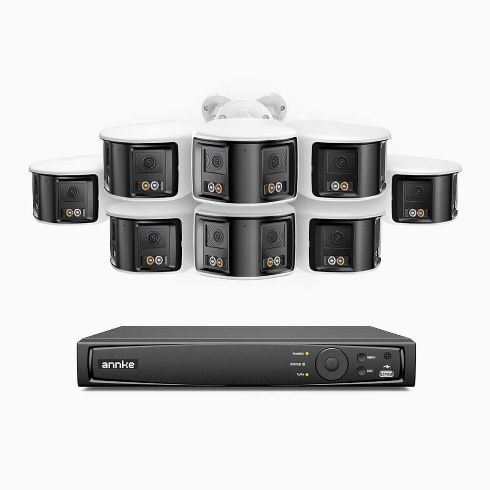 FDH600 - Kit de 8 cámaras de vigilancia PoE de 6MP con videograbador NVR de 8 canales, panorámica doble lente, Visión Nocturna con Doble Luz, Audio Bidireccional, Sirena y Alarma Activas, Detección de Personas y Vehículos, IP67